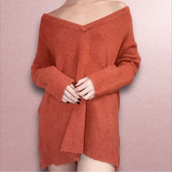 French Connection Flossy V-Neck Burnt Orange Pullover Oversized Sweater XS - Picture 1 of 5